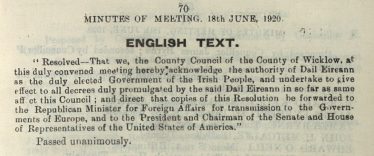 Excerpt from Wicklow County Council Minute Book 18th June 1920 - oath of loyalty to the new Dail Eireann following landslide Sinn Fein victory in the 1920 local elections. | Image: Courtesy of Wicklow County Archives