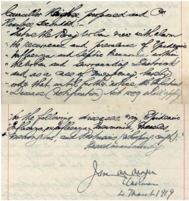 BrayUDCM_4M_25Feb1919 Extract from minutes of Bray Urban District Council, 25 February 1919 - concern at prevalence of Spannish Flu in Bray. | Image: Wicklow County Archives