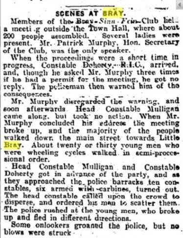 Irish Times' account of events leading to Murphy's arrest, 24 August 1918 edition | Image: Irish Times newspaper archive: https://www.irishtimes.com/archive  - 