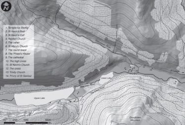 Fig. 2 - Map of Glendalough valley, showing the principal archaeological sites Fig. 2 - Map of Glendalough valley, showing the principal archaeological sites | Courtesy of Anthony Corns and the Discovery Programme