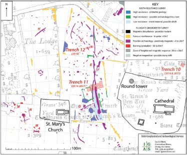 Fig. 5—Interpretative plan of the 2011–12 geophysical surveys, showing suggested archaeological features: ‘F’, curving monastic ditch; ‘C’ and ‘H’, possible earlier circular enclosure; ‘E’ and ‘G’, boundary ditches; ‘M’, possible metal or kiln works; ‘N’ and ‘b’, possible buildings. | Courtesy of Glendalough Heritage Froum and Wordwell Publishing